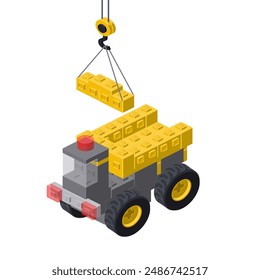 Dump truck production concept on white background. Vector illustration