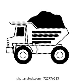 dump truck with rocks on monochrome dotted silhouette vector illustration