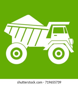 Dump truck with sand icon white isolated on green background. Vector illustration