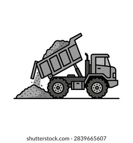 A dump truck is shown unloading a pile of gravel onto a construction site.