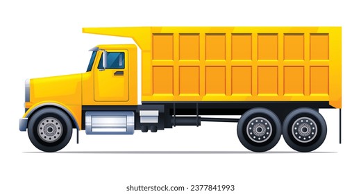 Dump truck side view vector cartoon illustration. Heavy machinery construction vehicle isolated on white background