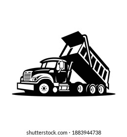 Dump truck silhouette. Black and white tipper truck vector isolated side view in white background