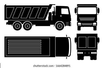 Dump truck silhouette on white background. Vehicle icons set view from side, front, back, and top