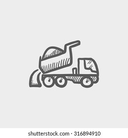 Dump truck sketch icon for web, mobile and infographics. Hand drawn vector dark grey icon isolated on light grey background.