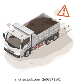Dump truck spreading construction dust and soil on road causing air pollution and safety hazard in urban area isometric