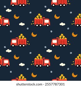 Dump truck star cartoon so cute. On star moon cloud blue background. Pattern seamless vector illustration. 
