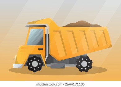Ilustração da ponta do caminhão de descarga. Veículo para equipamento de máquinas industriais pesadas. Caminhão para o transporte de produtos de construção. Mecanismo com grande capacidade de entrega de tijolos. Carro de mineração amarelo.