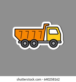 Dump truck tipper sticker, paper label. Vector simple Illustration on grey background.