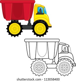  Dump truck toy. Coloring book. Vector illustration
