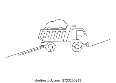 Ein Müllwagen, der Straßenmaterial transportiert. Bau Straße Dan Gebäudekonzept. Einzeiliges Zeichnungsdesign. Vektorgrafik