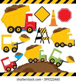 Dump truck and under construction vector illustration