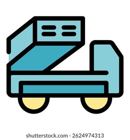 Dump truck unloading cargo at a building site, delivering materials for construction, colorful icon