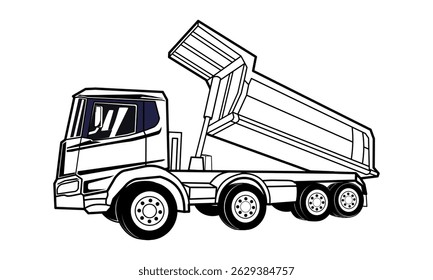 Dump Truck Unloading Side View Vector Illustration Isolated. Tipper truck black outline drawing