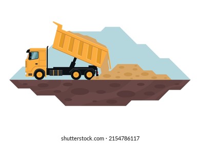 Dump truck unloading waste, heavy machinery used in the construction and mining industry