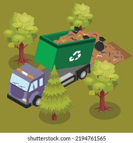 Dump truck unloads waste isometric 3d vector illustration concept for banner, website, illustration, landing page, flyer, etc.