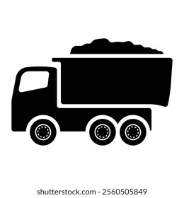 Dump truck vector icon. Heavy construction vehicle symbol for industrial equipment, construction sites, and logistics design. Black silhouette isolated on white background.