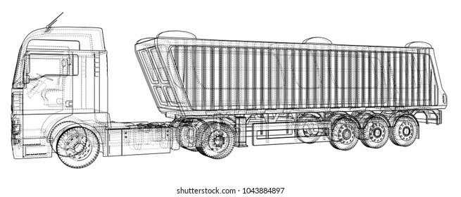 Dump truck vector illustration. Isolated white. Created illustration of 3d. Wire-frame.