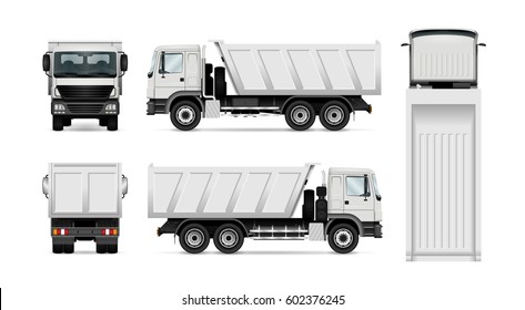 Dump truck vector illustration. Isolated white tipper lorry set. All layers and groups well organized for easy editing. View from side, back, front, top.