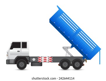 Dump truck vector illustration. May called tipper truck, dumper trailer or tip lorry. Heavy machine equipment or vehicle for construction to load, unload, carrier and delivery sand, rock and gravel.
