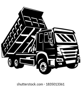 dump truck vector on black and white background, dump truck silhouette, american dump truck