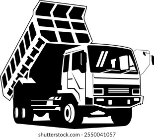 dump truck vector on black and white background, dump truck silhouette, american dump truck