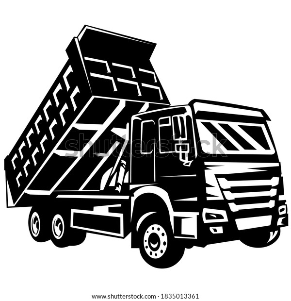 dump truck vector on black and white\
background, dump truck silhouette, american dump\
truck