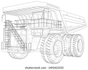 Dump truck. Vector rendering of 3d. Wire-frame style. The layers of visible and invisible lines are separated.