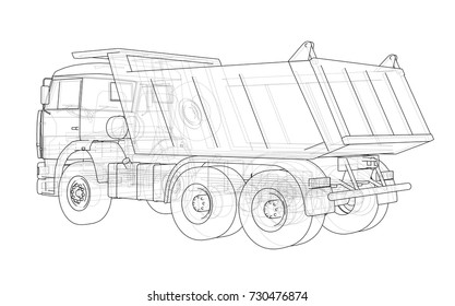 Dump truck. Vector rendering of 3d. Wire-frame style. The layers of visible and invisible lines are separated