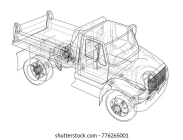 Dump truck. Vector rendering of 3d. Wire-frame style. The layers of visible and invisible lines are separated