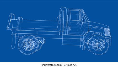 Dump truck. Vector rendering of 3d. Wire-frame style. The layers of visible and invisible lines are separated