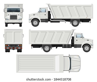 Dump truck vector template with simple colors without gradients and effects. View from side, front, back, and top