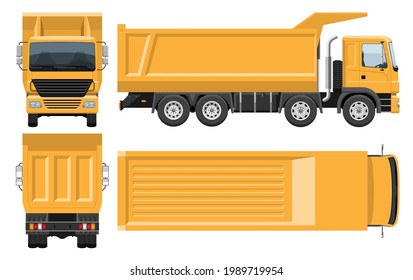 Dump truck vector template with simple colors without gradients and effects. View from side, front, back and top