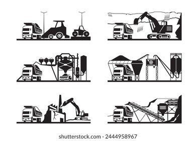 Dump trucks in different industries - vector illustration