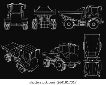Dump trucks of varying sizes and designs stand out on a black background, showcasing distinct wheelbases and detailed features like headlights, grilles, and rugged wheels.