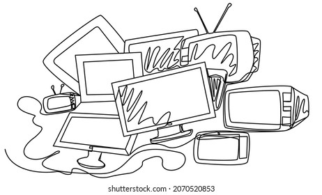 Dump of TV screens in one line. Large warehouse of forgotten broken TVs on a white background. Vector illustration of media and news. PR technologies, propaganda, film industry for the masses.