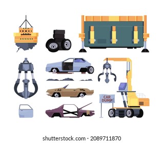 Dump yard. Urban steel garbage recycling places outdoor damaged transport automobiles busses trash vehicles garish vector set