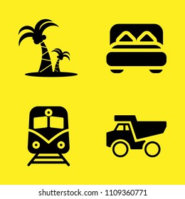 dumper, double bed, train and coconut trees vector icon set. Sample icons set for web and graphic design
