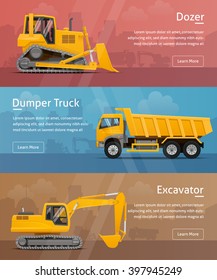 Dumper, Excavator, Dozer. Web Banners. Highly detailed vector illustration.