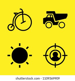 dumper, sun, target and bicycle vector icon set. Sample icons set for web and graphic design