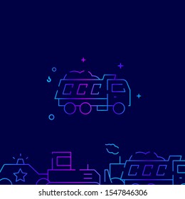 Dumper, tipper vector gradient line icon, illustration, symbol or pictogram, sign. Dark blue background. Related bottom border.