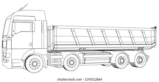 Dumper Truck Dumped. Wire-frame style. The layers of visible and invisible lines are separated. Vector illustration. Tracing illustration of 3d. EPS 10 vector format.