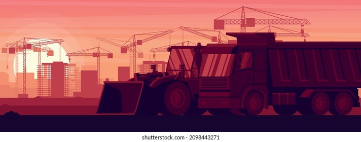 dumper truck and front loader in panoramic background in a sunset with heavy construction and mining machinery