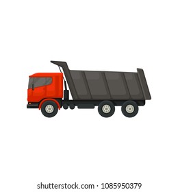 Dumper truck with hydraulic tipping body. Motor vehicle for transporting cargo. Heavy equipment using in construction. Flat vector design