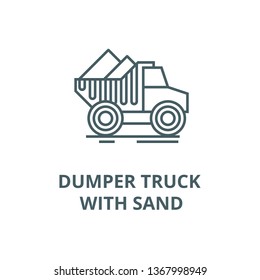 Dumper truck with sand line icon, vector. Dumper truck with sand outline sign, concept symbol, flat illustration