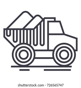 dumper truck with sand vector line icon, sign, illustration on background, editable strokes