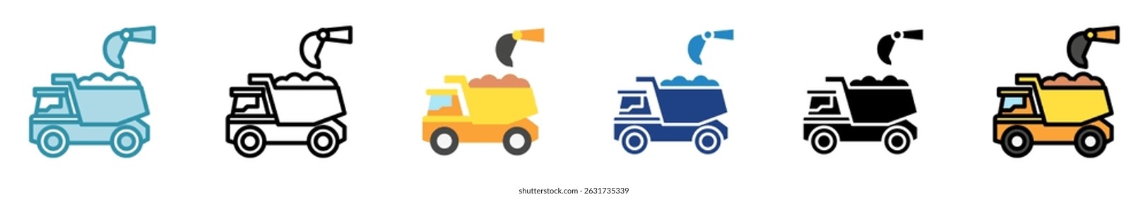 Dumpers multi estilo, mini ilustração ícone conjunto. contorno, plano, glifo, cor da linha. vetor para IU, UX, aplicativo, web, digital ou impressão, relacionado à indústria, construção, engenharia civil.