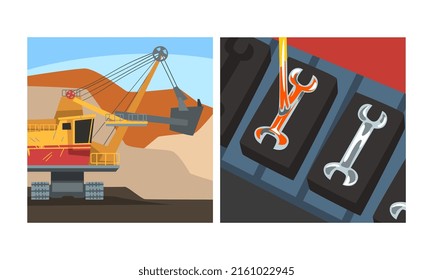 Dampferzeuger im Bergbau und warmgewalzter Stahl, der in Formen gießt. Produktion von Metallurgie, Stahl und Legierungen Vektorgrafik