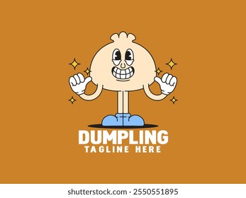 Dumpling mit fröhlichen Ausdruck Cartoon Retro handgezeichnetes Maskottchen Zeichen Logo Illustration Vektor