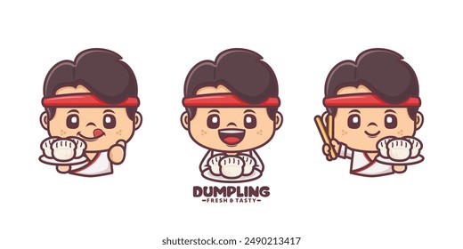 dumpling chef mascot design with different poses and expressions, vector illustration for culinary business, brand logo, sticker, cartoon identity, sticker, icon, etc.