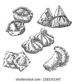 dumpling chinese set hand drawn vector. gyoza fried, rice ravioli manti khinkali, korean asian food dumpling chinese sketch. isolated black illustration
